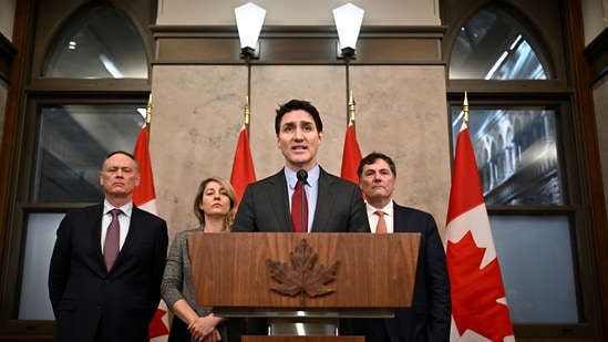 Canada's Prime Minister Justin Trudeau addresses media following the imposition of a raft of tariffs by US President Donald Trump against Canada, Mexico and China in Ottawa on Feb. 1, 2025.(AP) Canada's Prime Minister Justin Trudeau addresses media following the imposition of a raft of tariffs by US President Donald Trump against Canada, Mexico and China in Ottawa on Feb. 1, 2025.(AP)